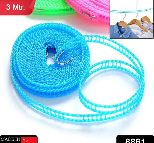 3 Meter Anti-Slip Clothesline Rope - Nylon, Hooks, Indoor/Outdoor