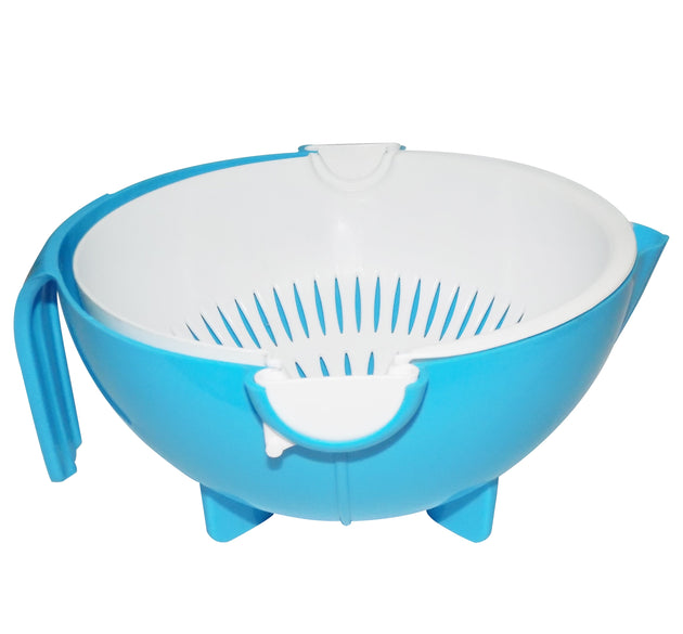 Multi-functional bowl and strainer with handle for washing fruits and vegetables.