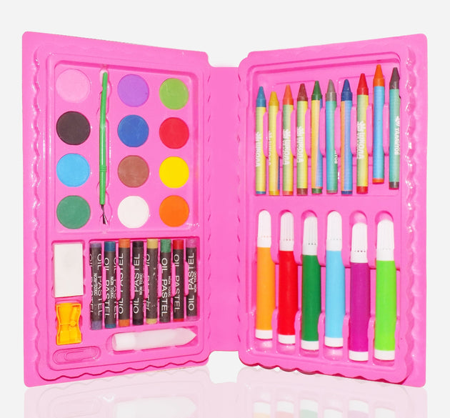 42-piece art kit including crayons, watercolor, and sketch pens.