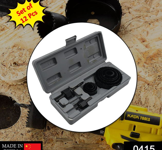 12-piece hole saw kit for drilling various sizes.