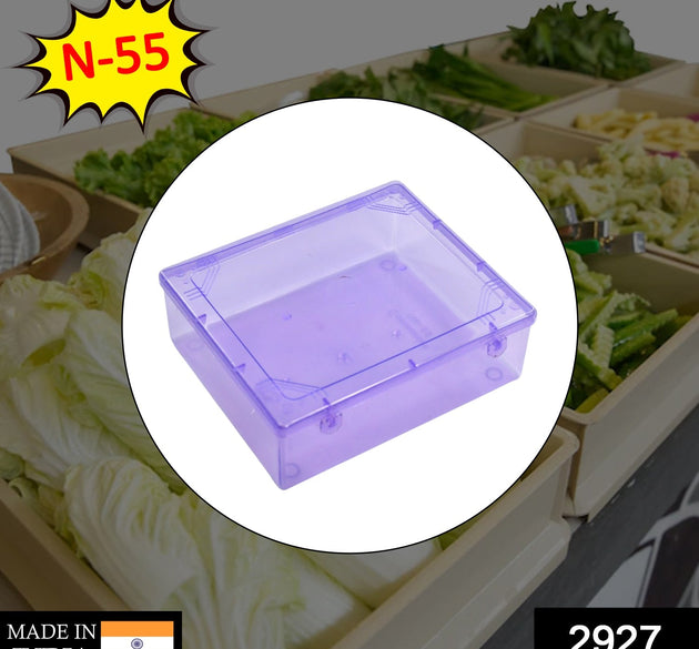 Transparent plastic storage container with lid, ideal for storing household items and organizing spaces.