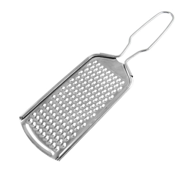 Multi-purpose zester grater with stainless steel blades for nutmeg, cheese, and citrus zesting.