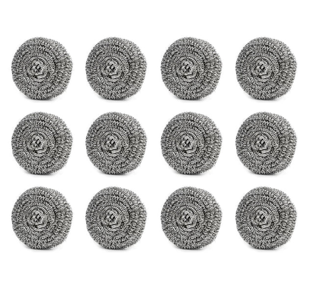 Round shape stainless steel scrubber, pack of 12, effective for cleaning.