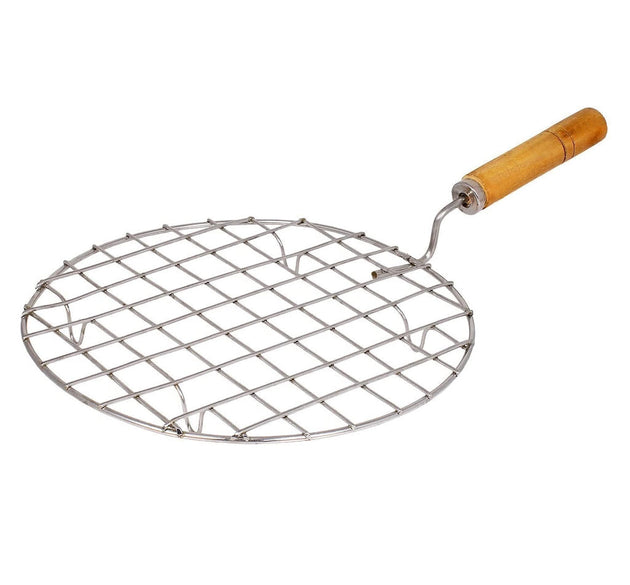 Round stainless steel barbecue grill with wooden handle.