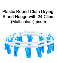 Space-saving round drying hanger with 24 plastic clips.