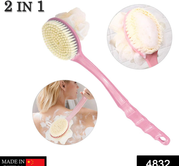 2-in-1 bath brush with long handle for easy use.