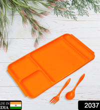 Plastic compartment plate with spoon and fork for meals