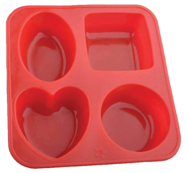 Silicone mold set with circle, square, oval, and heart shapes for soap or mini cakes.