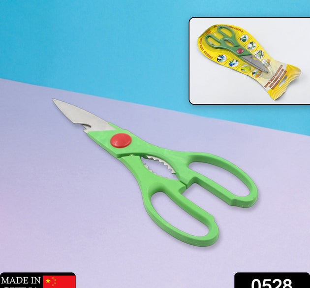 Multi-function kitchen scissors with integrated bottle opener, designed for various uses.