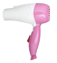 Folding hair dryer with 2-speed settings.