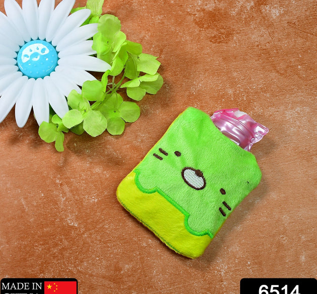 Green Kitty hot water bag with cover for pain relief and warming