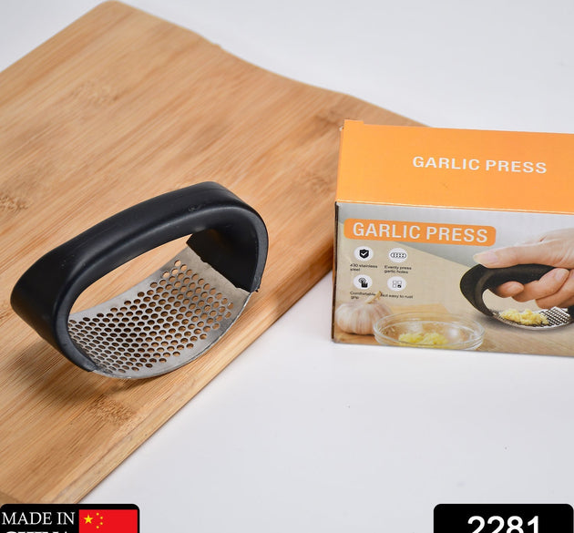 Stainless steel garlic crusher with ergonomic handle in multicolor.