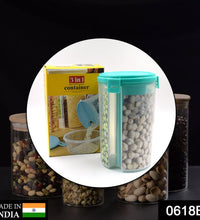 Three-in-one airtight storage container with a clear design and packaging box.