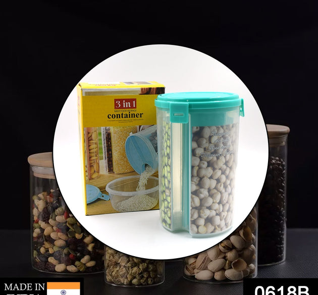 Transparent 3-in-1 storage container with airtight seal and color box packaging.