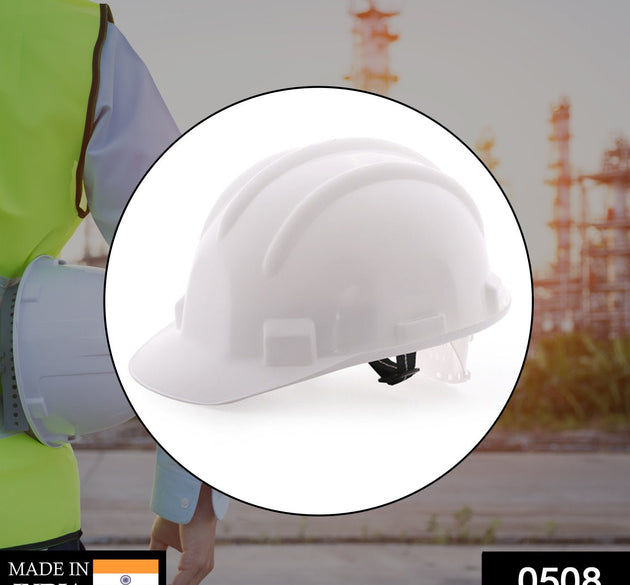 Construction safety helmet designed for protection against impacts, showing its durable build and design