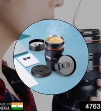 Stainless steel coffee mug with a plastic camera lens design, highlighting the unique shape