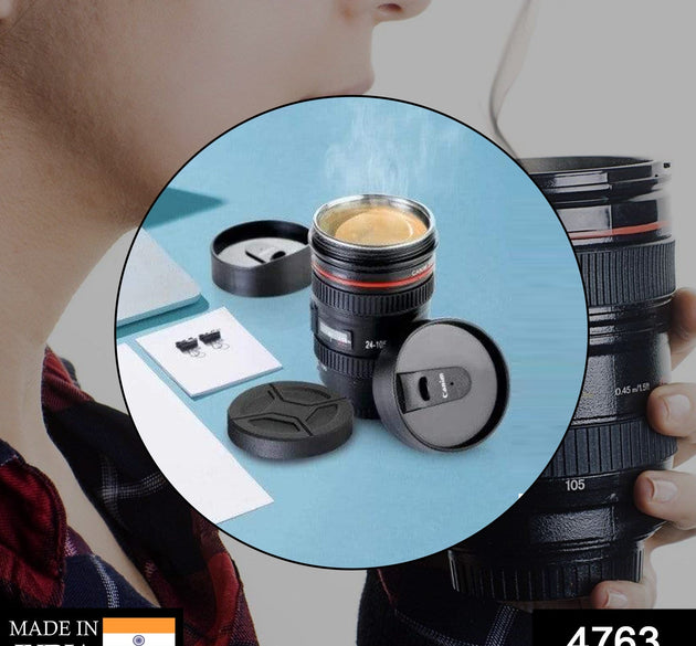 Camera lens shaped stainless steel coffee mug, showcasing its detailed design and metal finish