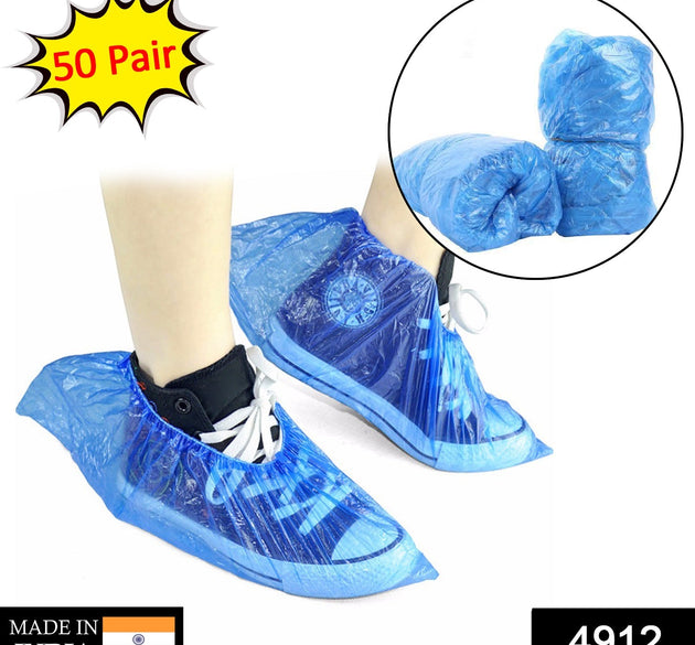 Disposable shoe covers with elastic top for protection during rainy weather.