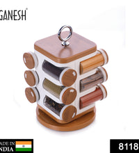 12-jar revolving spice rack by Ganesh, masala box, jars arranged.