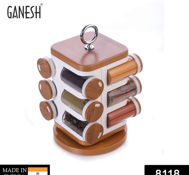 Ganesh 12-jar revolving spice rack, masala box, various jars visible.