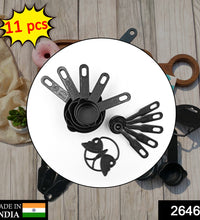 Measuring cups and spoons set in black with a butterfly-shaped holder for easy storage