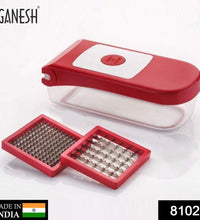 Red plastic chopper by Ganesh, used for vegetables and fruits, different views.