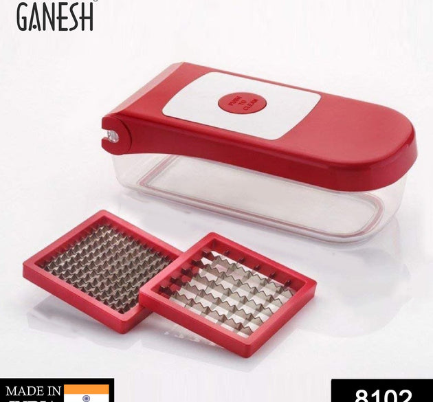 Ganesh plastic chopper, red, for vegetables and fruits, shown from various angles.