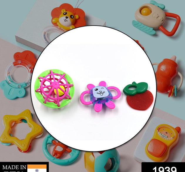 Set of three colorful baby rattles designed for sensory play and development.