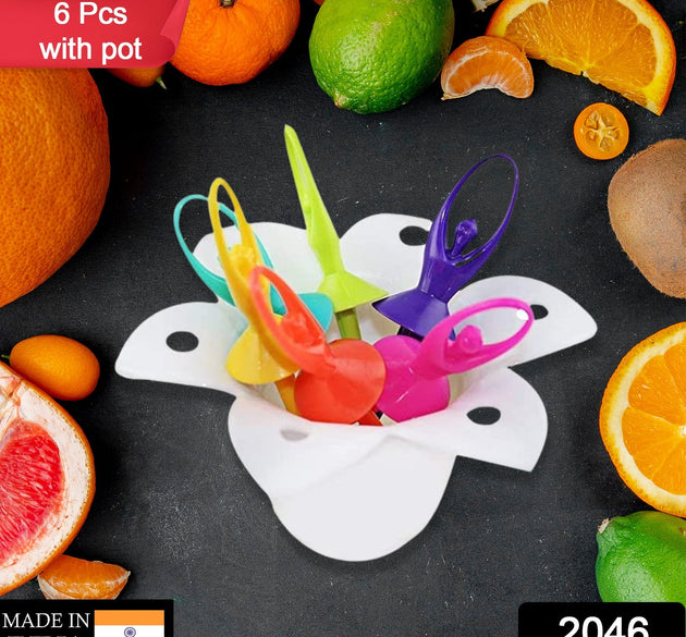 Dancing doll fruit fork cutlery set with stand, 6 pieces