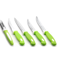 Multipurpose knife and peeler set with stylish stand.