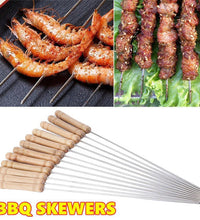 Detailed view of BBQ skewers with wooden handles.