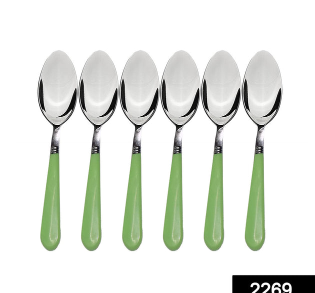 Stainless steel dining spoons set of 6 with comfortable grip handles.