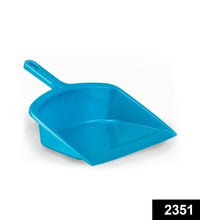 Durable plastic dustpan with handle, ideal for various surfaces.