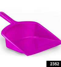 Strong plastic dustpan with handle, perfect for various surfaces.