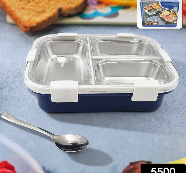 3 Compartment Transparent Stainless Steel Lunch Box for Kids, Tiffin Box, Lunch Box, Lunch Box for Kids, Insulated Lunch Box, Lunch Box for Office Women and Men, Stainless Steel Tiffin Box for Boys, Girls, School Office (Multi Color)