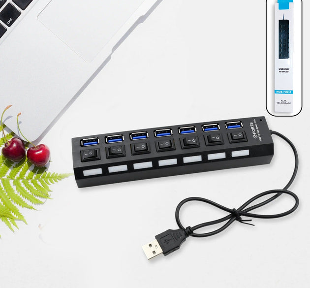 7 port USB hub with on/off switches and LED indicators