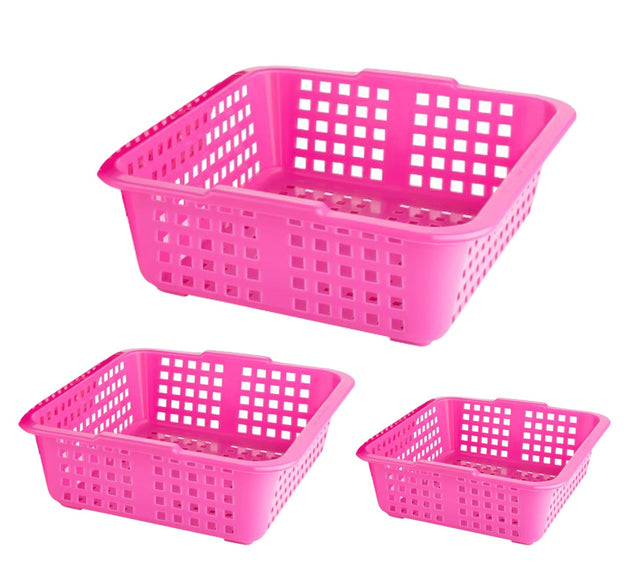 Plastic cane fruit baskets in large, medium, and small sizes