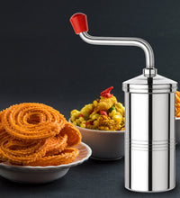 Different views of stainless steel muruku maker showing functionality