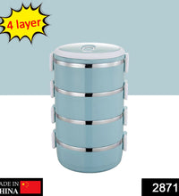 Stainless steel hot lunch box with four layers.