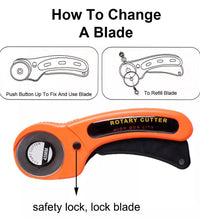 Detailed view of manual sewing cutter with rotary blade and safety features