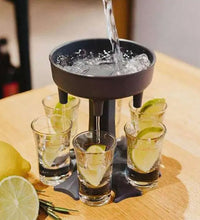 Party shot glass set with tray, includes 6 dispensers.