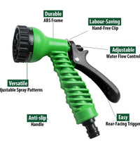 Plastic hose nozzle with multiple spray settings.