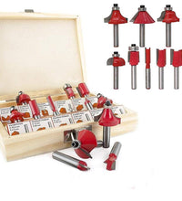 Set of 12/15 milling cutter router bits, showing various shapes and sizes.