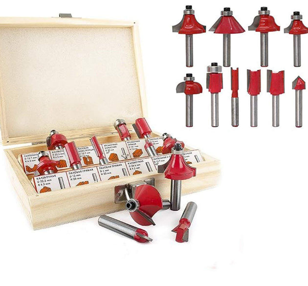 Set of 12/15 milling cutter router bits, showing various shapes and sizes.