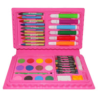 Colorful art kit featuring crayons, watercolor, and sketch pens.