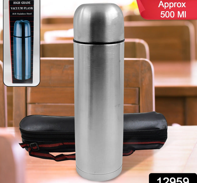 Vacuum Flask With Cover, 18/8 Stainless Steel | Hot and Cold Water Bottle with Push-Down Lid | Double Walled Stainless Steel Bottle for Travel, Home, Office, School, Picnic ( Approx 500 ML / With Cover)