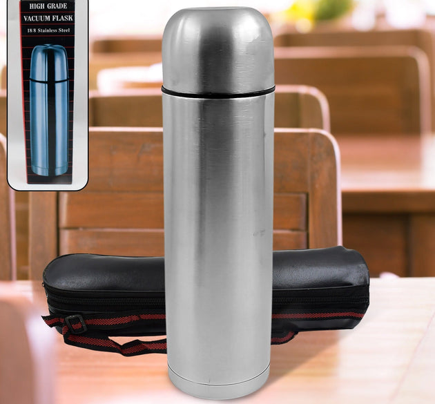 Vacuum Flask With Cover, 18/8 Stainless Steel | Hot and Cold Water Bottle with Push-Down Lid | Double Walled Stainless Steel Bottle for Travel, Home, Office, School, Picnic ( Approx 500 ML / With Cover)