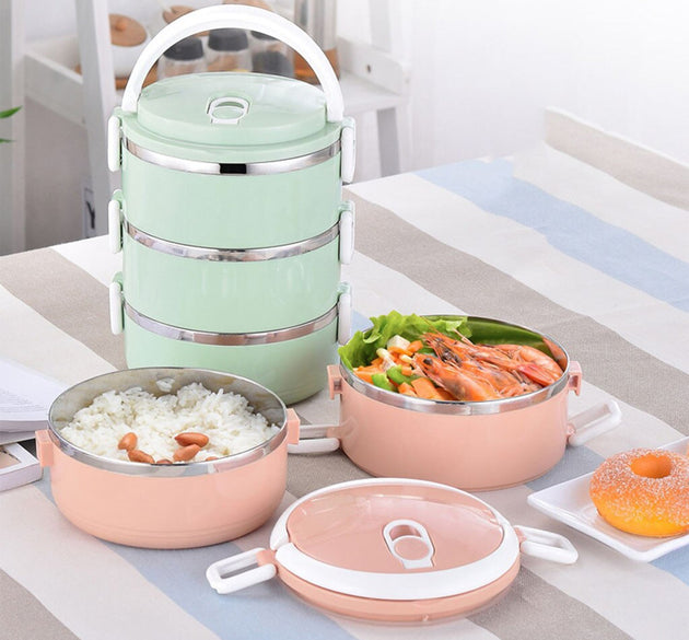 Three layer stainless steel hot lunch box.