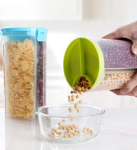 Multi-purpose transparent dispenser with airtight seal and color box for storage.