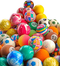 Different designs and colors of bouncy balls in a set of 14 pieces.